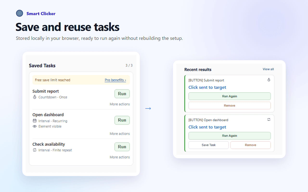 Smart Clicker Saved Tasks list with reusable task setups and Run Again actions