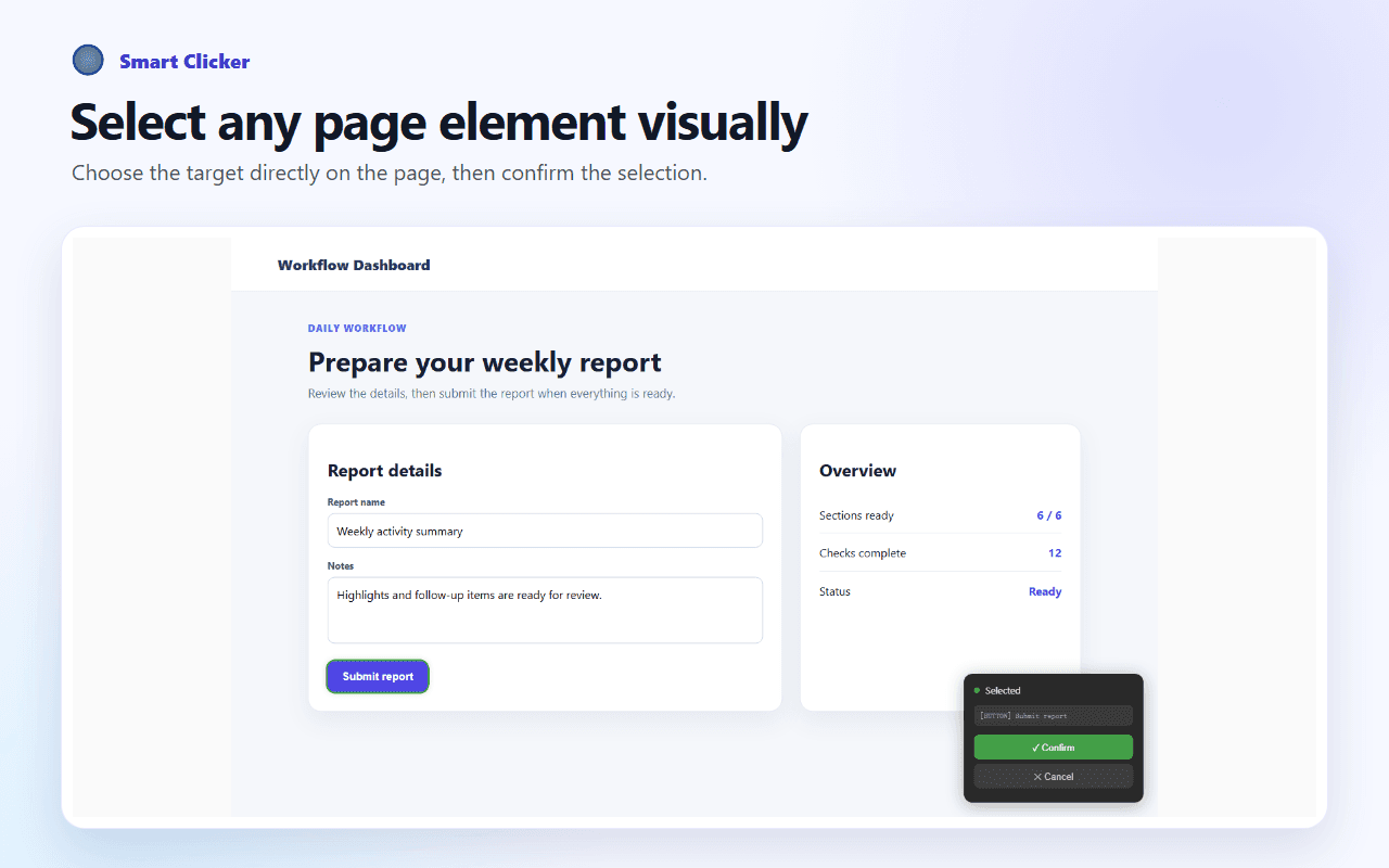 A webpage Submit report button highlighted with the Smart Clicker visual selection confirmation panel