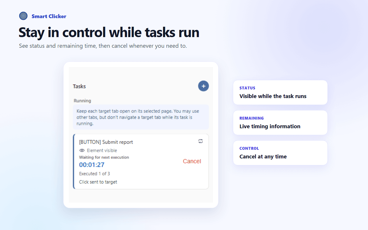 Tarea activa de Smart Clicker con estado, tiempo restante y Cancelar